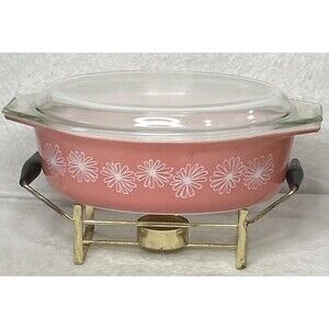 Vintage PYREX PINK DAISY Oval Casserole W/Lid And Cradle Candle Holder 1950s MCM